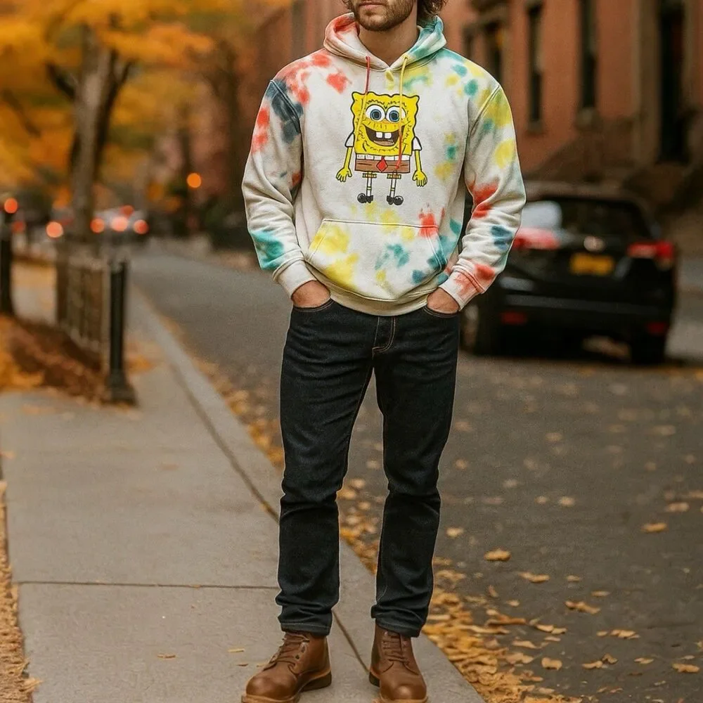 Nickelodeon Hoodie Mens S White‎ Tie Dye Colorful SpongeBob Y2K Retro Comfy